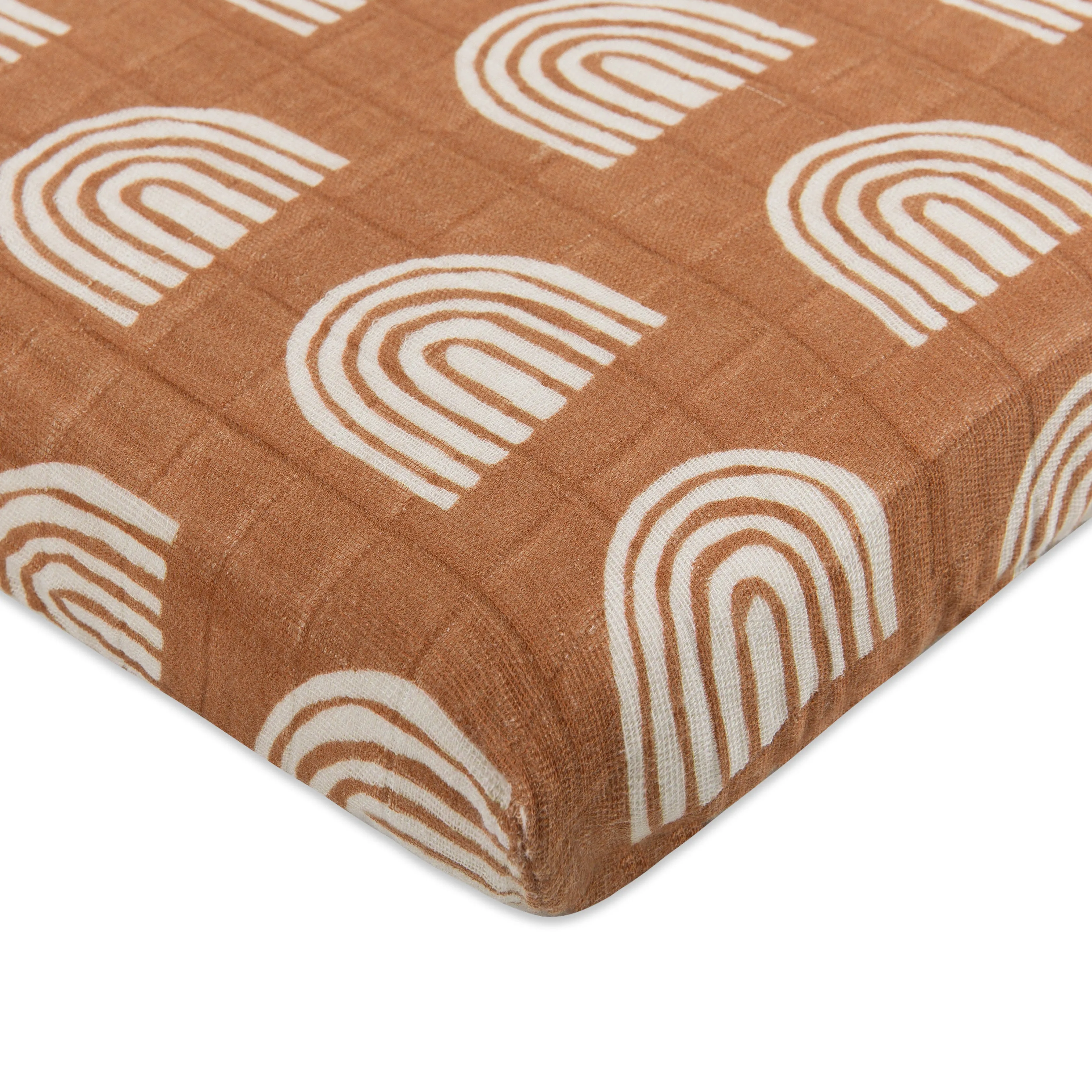 All-Stages Midi Crib Sheet in GOTS Certified Organic Muslin Cotton - Terracotta Rainbow