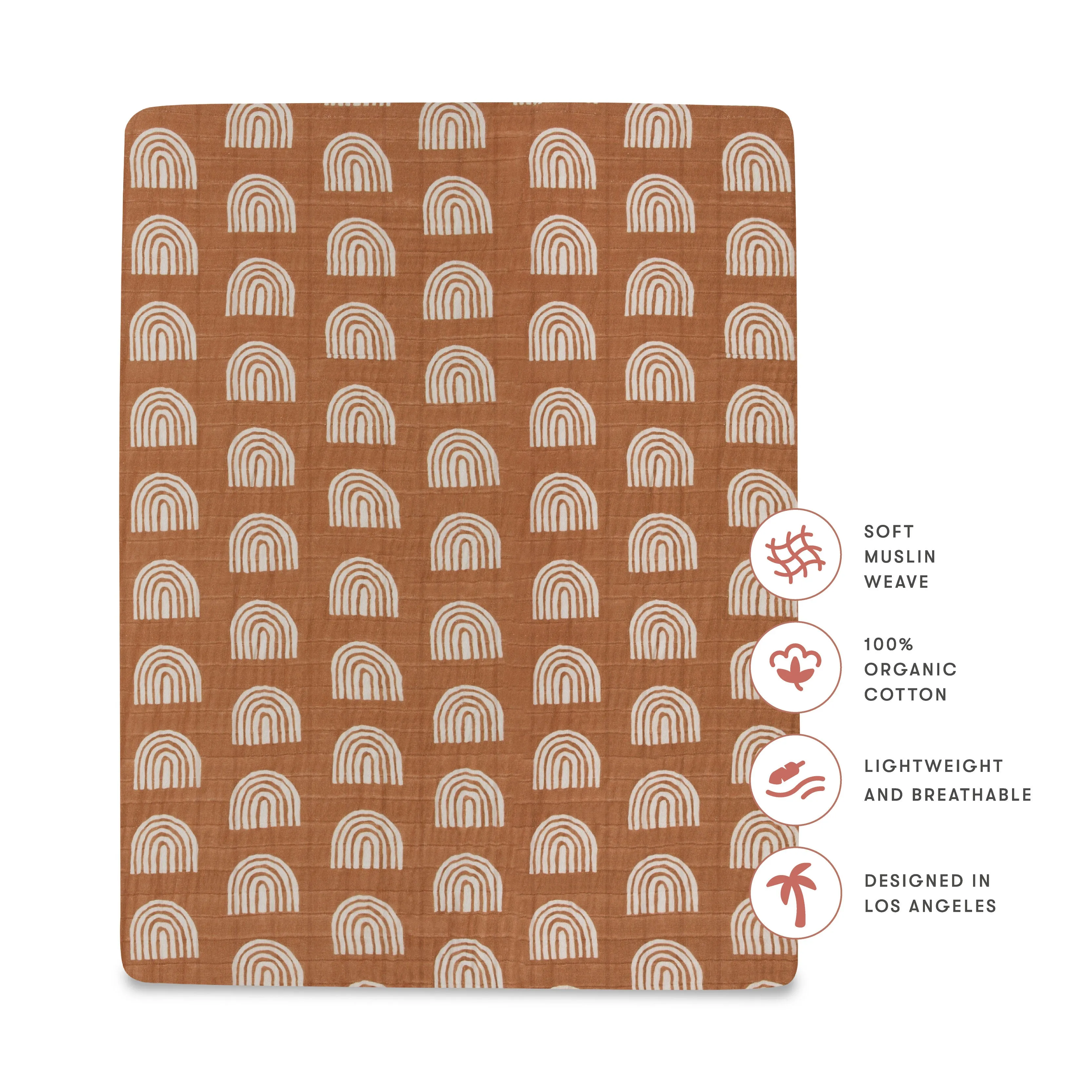 All-Stages Midi Crib Sheet in GOTS Certified Organic Muslin Cotton - Terracotta Rainbow