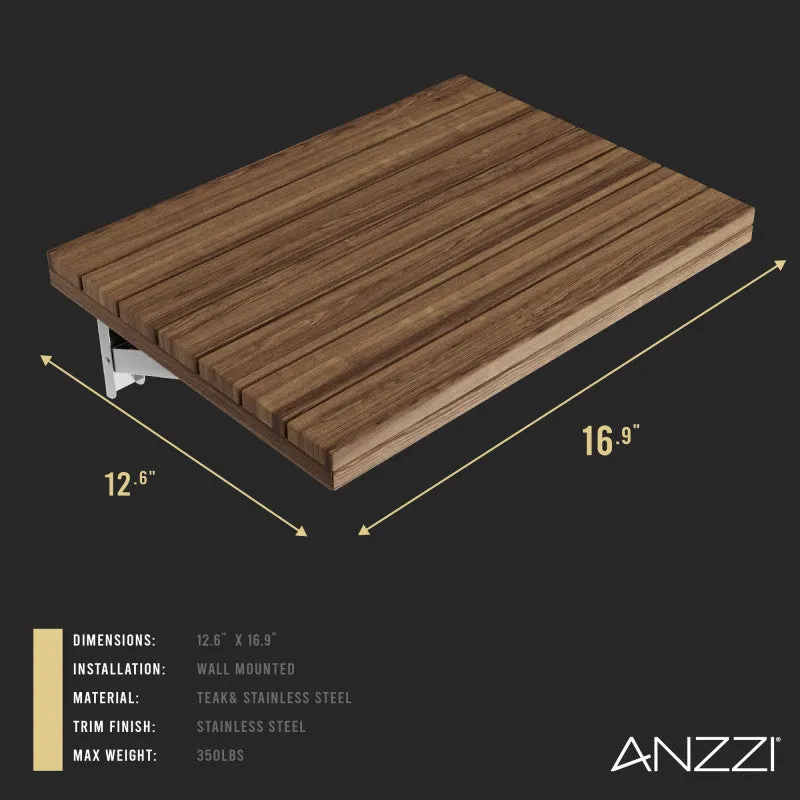 ANZZI Shoren 16.93 in. Teak Wall Mounted Folding Shower Seat