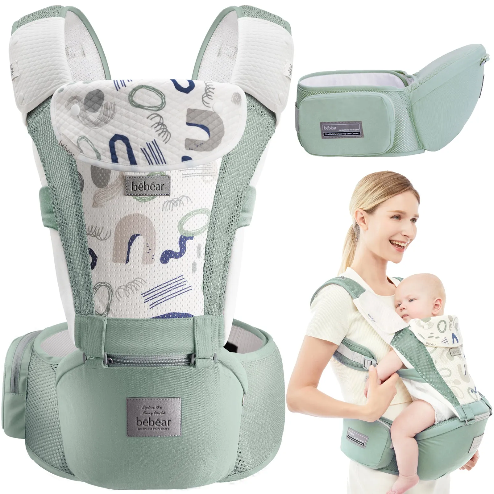 Bebamour Baby Carrier Front and Back Carry Baby Newborns to Toddler Baby Hip Carrier with 3 Pieces Teething Pads