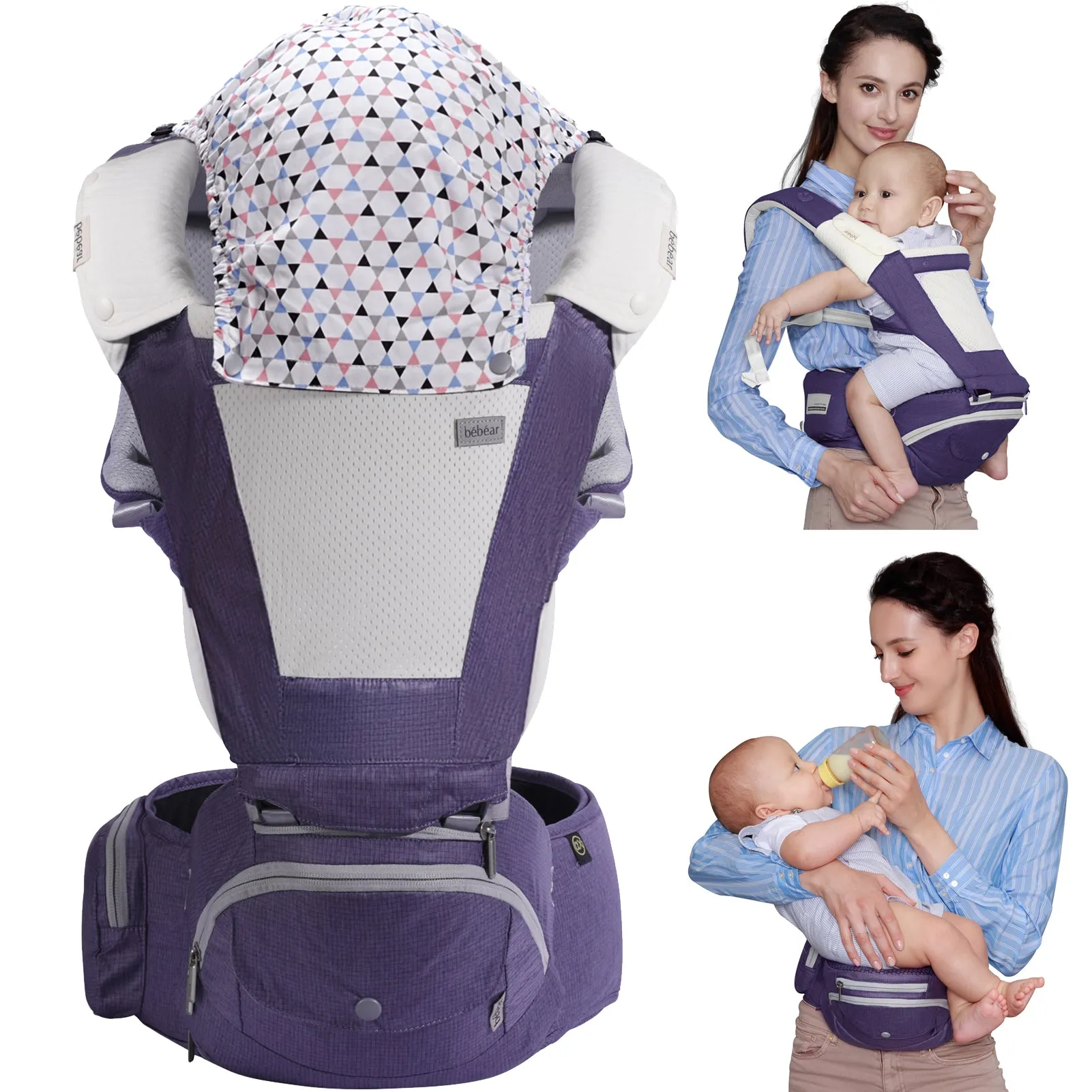 Bebamour Baby Carrier Front and Back Carry Baby Newborns to Toddler Baby Hip Carrier with 3 Pieces Teething Pads