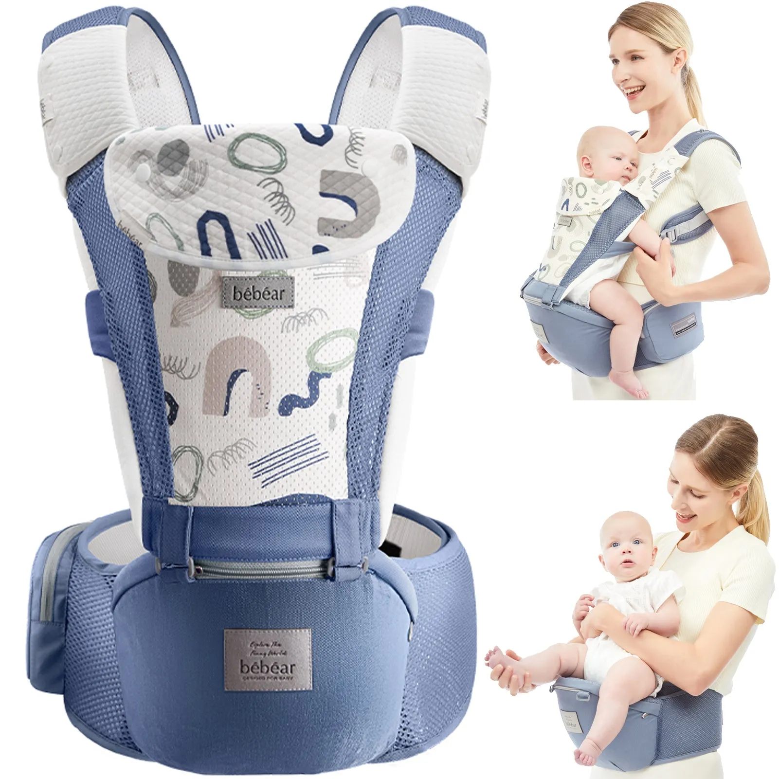 Bebamour Baby Carrier Front and Back Carry Baby Newborns to Toddler Baby Hip Carrier with 3 Pieces Teething Pads