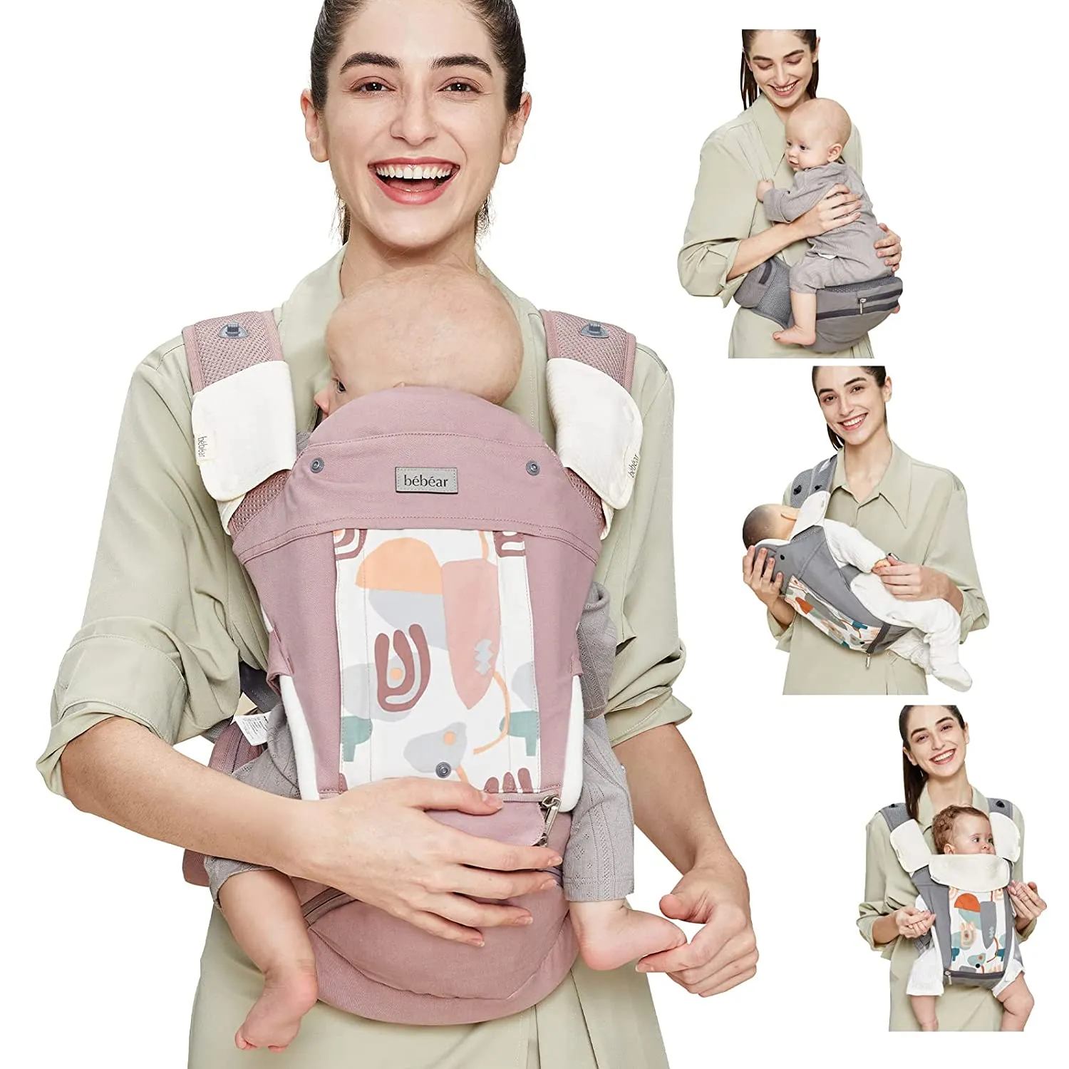 Bebamour Baby Carrier Front and Back Carry Baby Newborns to Toddler Baby Hip Carrier with 3 Pieces Teething Pads