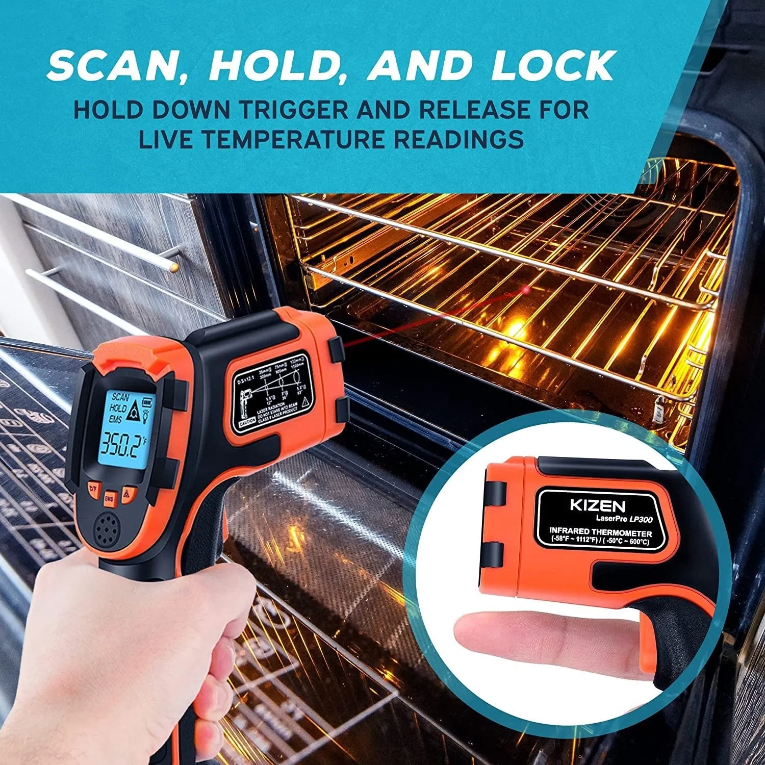 KIZEN Infrared Thermometer Gun (Laserpro LP300) - Handheld Heat Temperature Gun for Cooking, Pizza Oven, Grill & Engine - Laser Surface Temp Reader -58F to 1112F - NOT for Humans