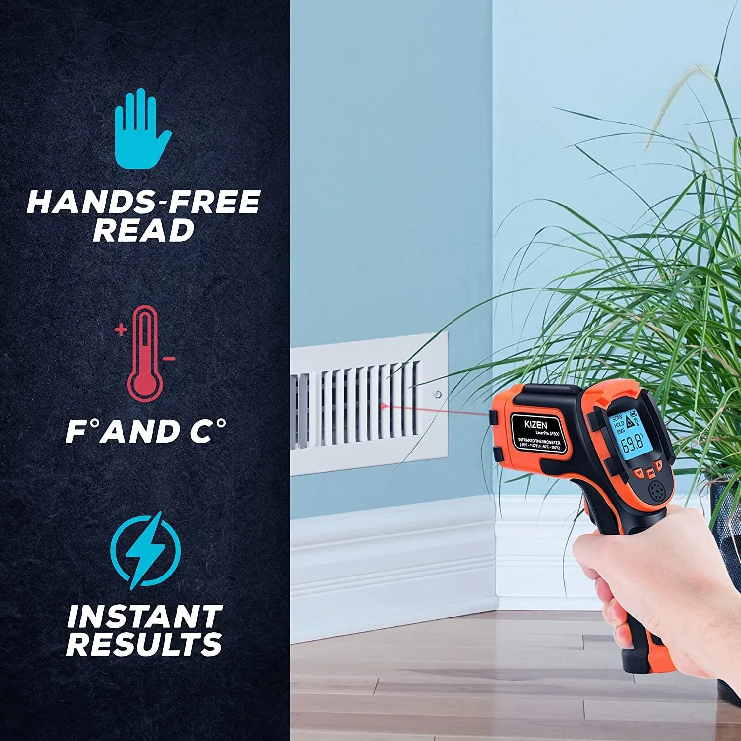 KIZEN Infrared Thermometer Gun (Laserpro LP300) - Handheld Heat Temperature Gun for Cooking, Pizza Oven, Grill & Engine - Laser Surface Temp Reader -58F to 1112F - NOT for Humans