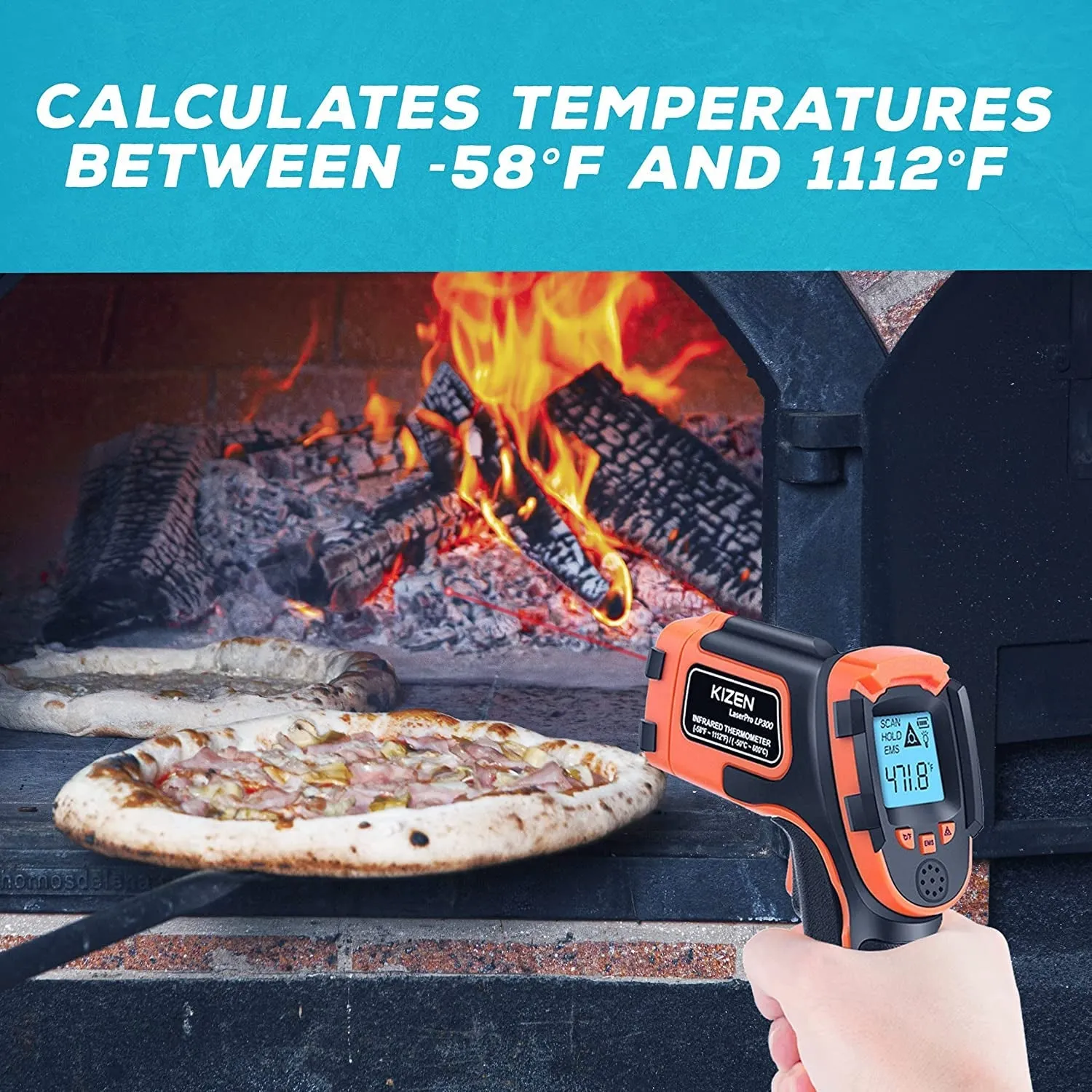 KIZEN Infrared Thermometer Gun (Laserpro LP300) - Handheld Heat Temperature Gun for Cooking, Pizza Oven, Grill & Engine - Laser Surface Temp Reader -58F to 1112F - NOT for Humans