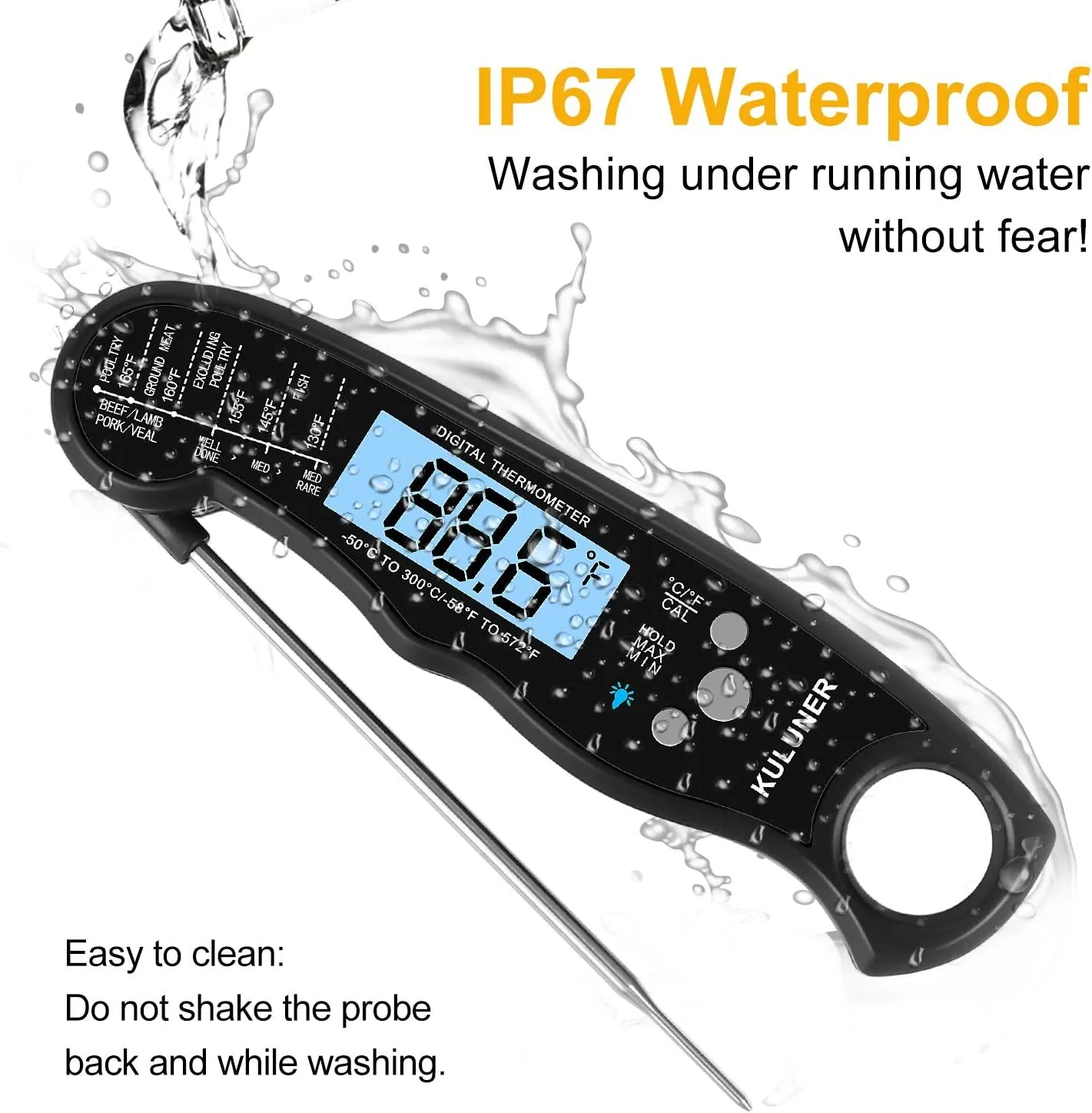 KULUNER TP-01 Waterproof Digital Instant Read Meat Thermometer with 4.6” Folding Probe Backlight & Calibration Function for Cooking Food Candy, BBQ Grill, Liquids,Beef(Black)