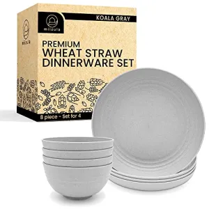 Miizula Premium Wheat Straw Dinnerware Set 8-piece LIGHT GRAY - Unbreakable Reusable Dinner Plates and Bowls Eco Friendly