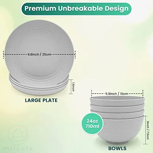 Miizula Premium Wheat Straw Dinnerware Set 8-piece LIGHT GRAY - Unbreakable Reusable Dinner Plates and Bowls Eco Friendly