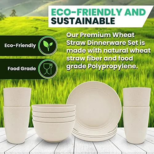 Miizula Premium Wheat Straw Plastic Dinnerware Set 16-piece BEIGE - Unbreakable Reusable Dinner Plates and Bowls Cups - Microwave Dishwasher Freezer Safe - Deep Spillproof - Eco Friendly