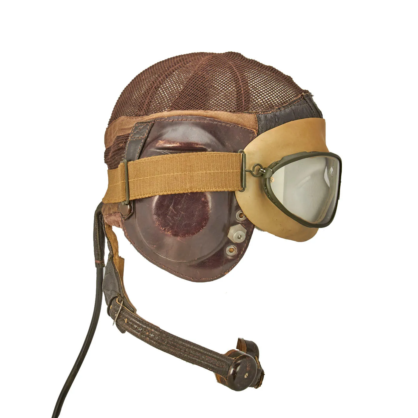 Original German WWII Luftwaffe LKpN101 Netzkopfhaube Summer Flying Helmet with MINT Unissued Flight Goggles In Box