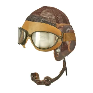 Original German WWII Luftwaffe LKpN101 Netzkopfhaube Summer Flying Helmet with MINT Unissued Flight Goggles In Box