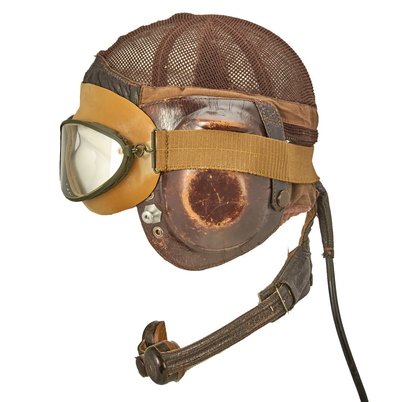 Original German WWII Luftwaffe LKpN101 Netzkopfhaube Summer Flying Helmet with MINT Unissued Flight Goggles In Box