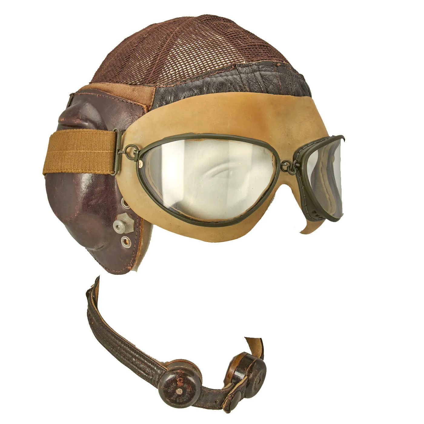 Original German WWII Luftwaffe LKpN101 Netzkopfhaube Summer Flying Helmet with MINT Unissued Flight Goggles In Box