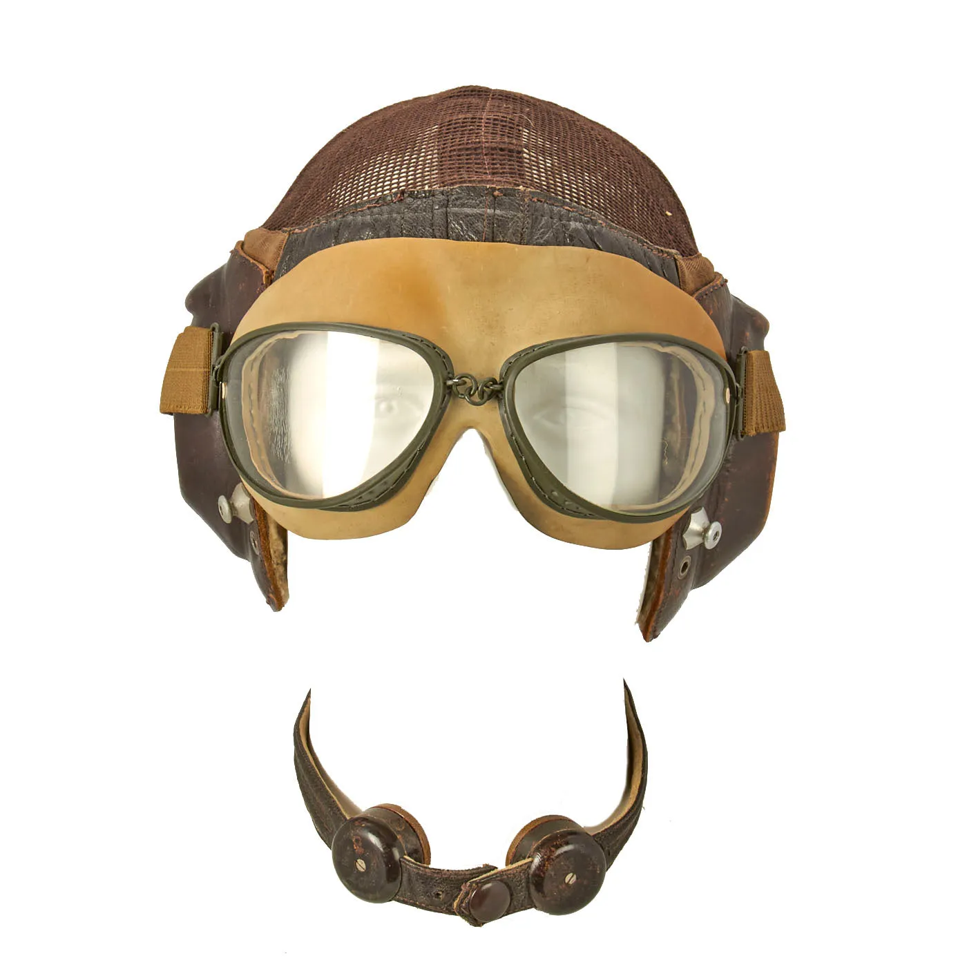 Original German WWII Luftwaffe LKpN101 Netzkopfhaube Summer Flying Helmet with MINT Unissued Flight Goggles In Box