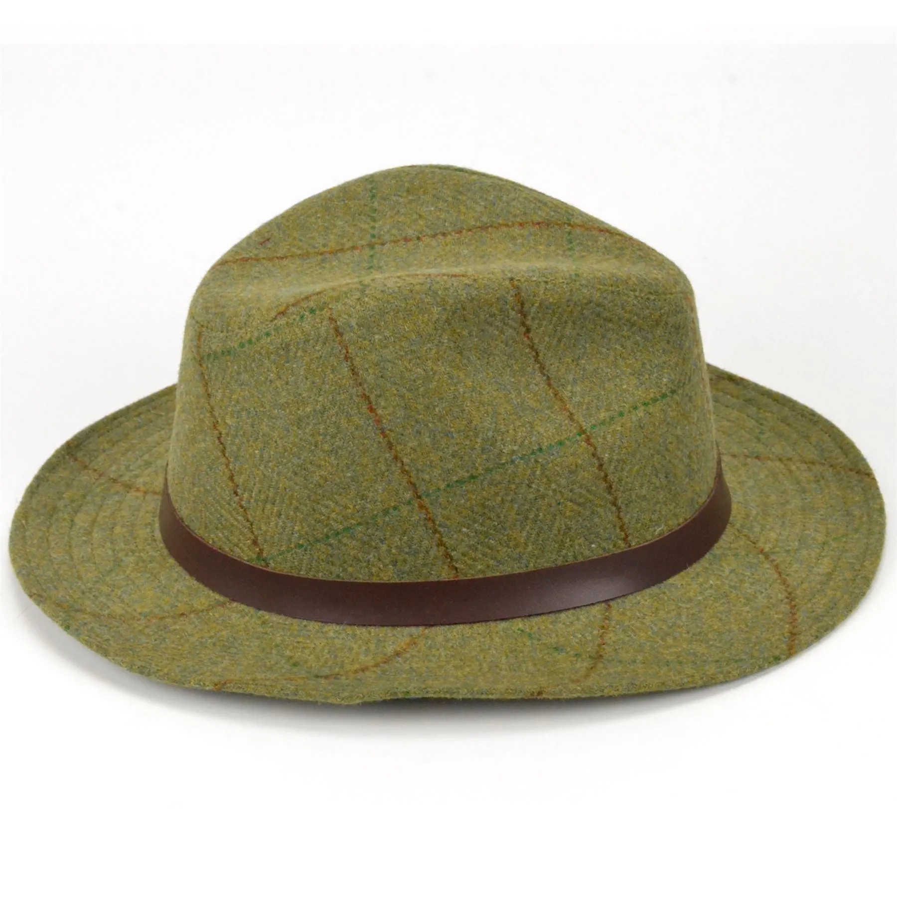 Tweed fedora hat with faux leather band - Mid green