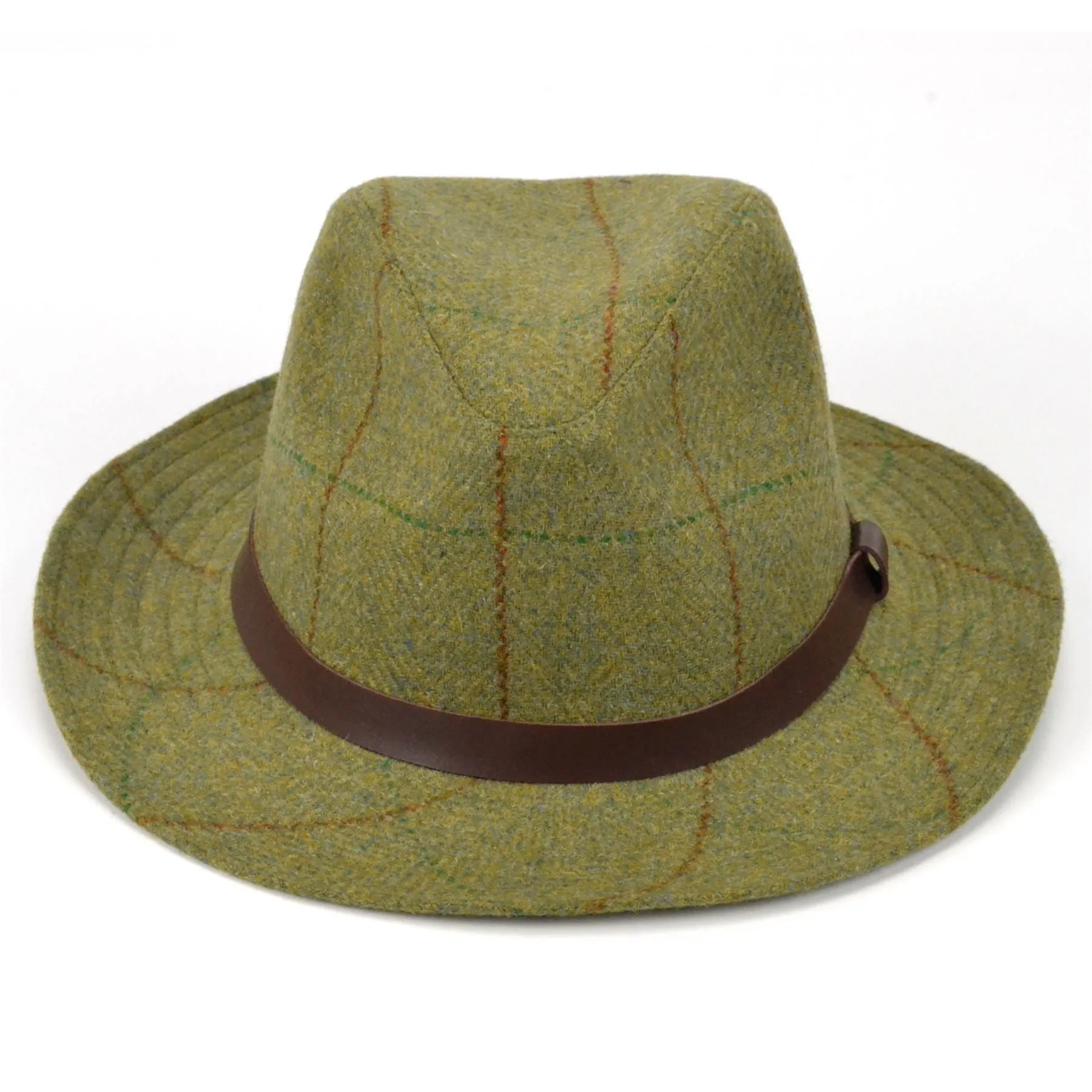 Tweed fedora hat with faux leather band - Mid green