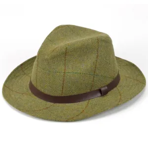 Tweed fedora hat with faux leather band - Mid green