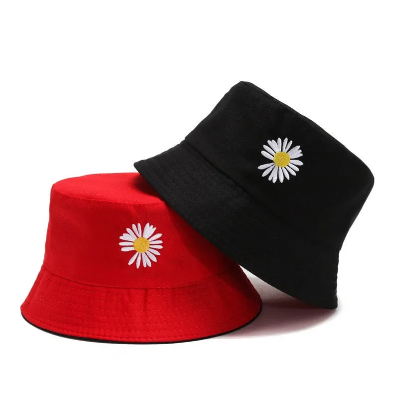 Unisex Daisy Embroidered Reversible Fisherman Bucket Hat